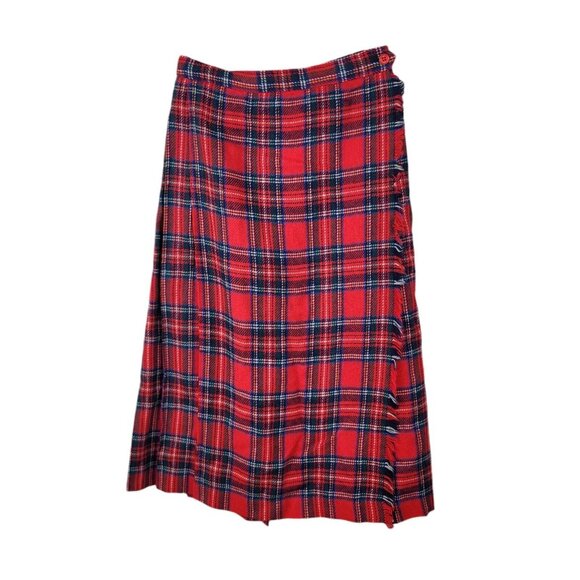 Vintage Pleated Tartan Plaid Wrap Skirt Size 6/8 26" Fringe Midi Long Red Long - Picture 2 of 7